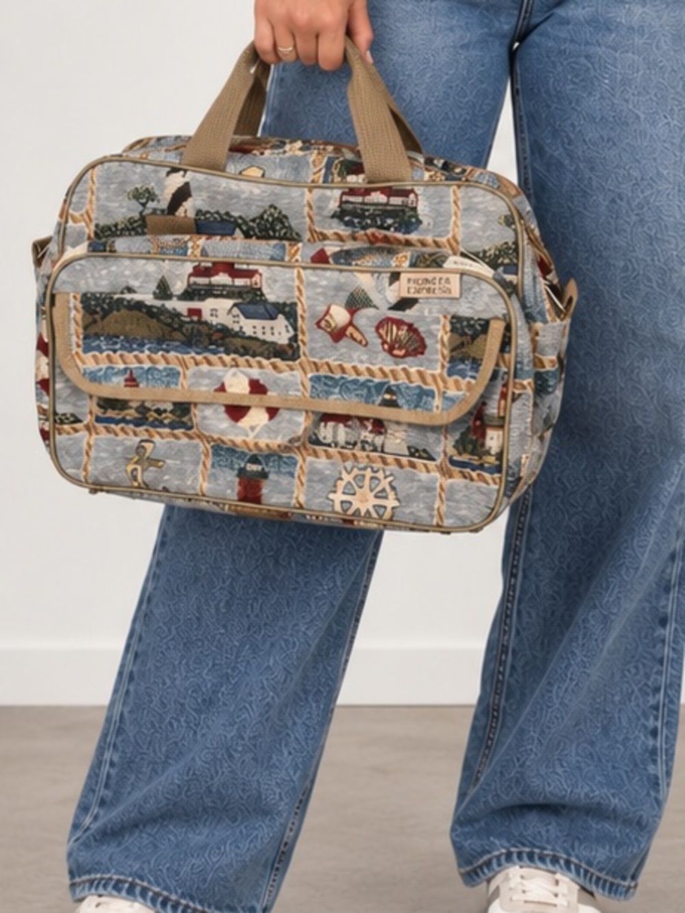 Pioneer Express Vintage 90’s Coastal Tapestry Duffel Carry On Bag in Blue & Tan